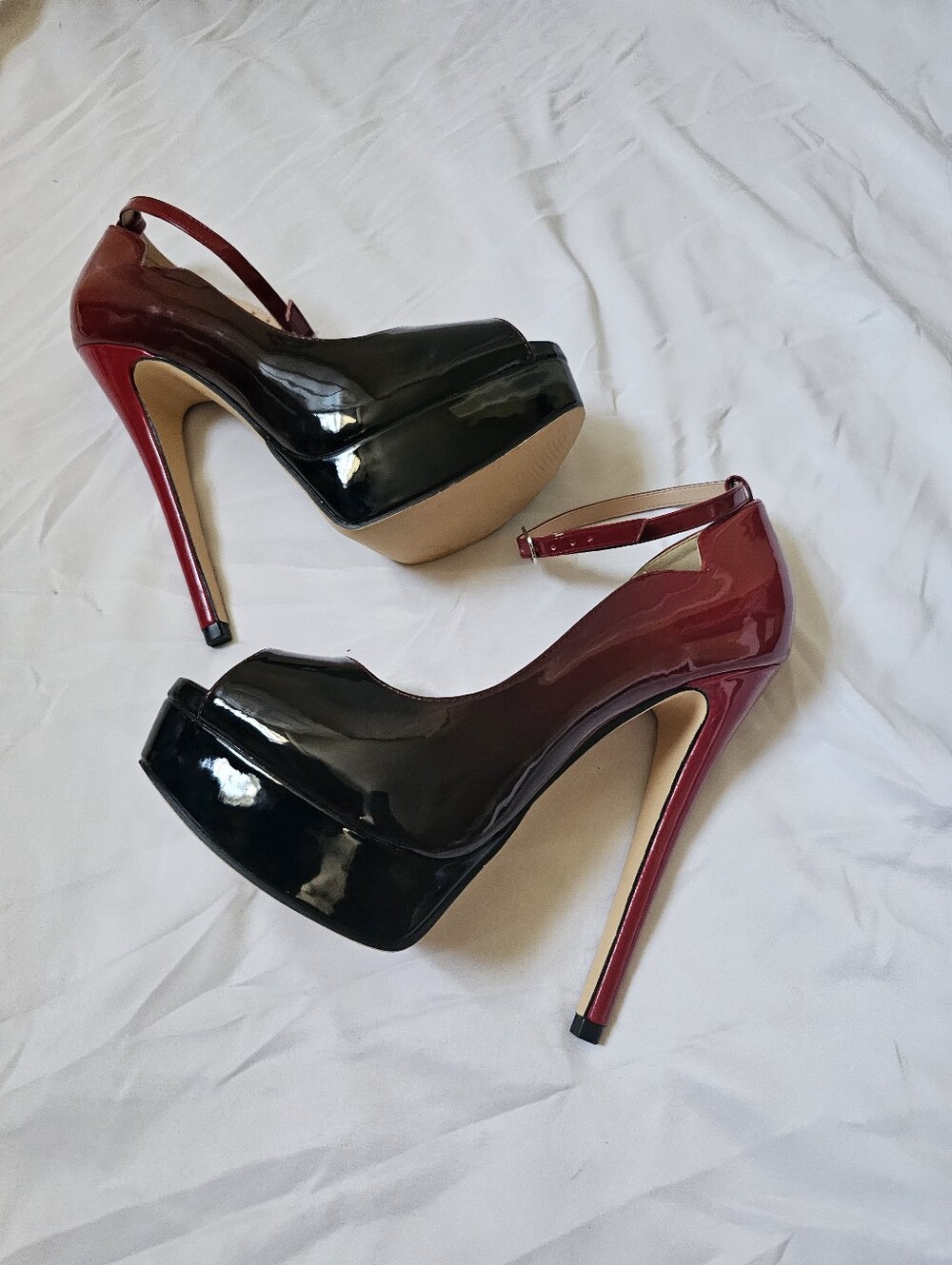 Merumote Size 6.5 Black Burgundy Patent Peep Toe Platform Stiletto Heels - Picture 5 of 11
